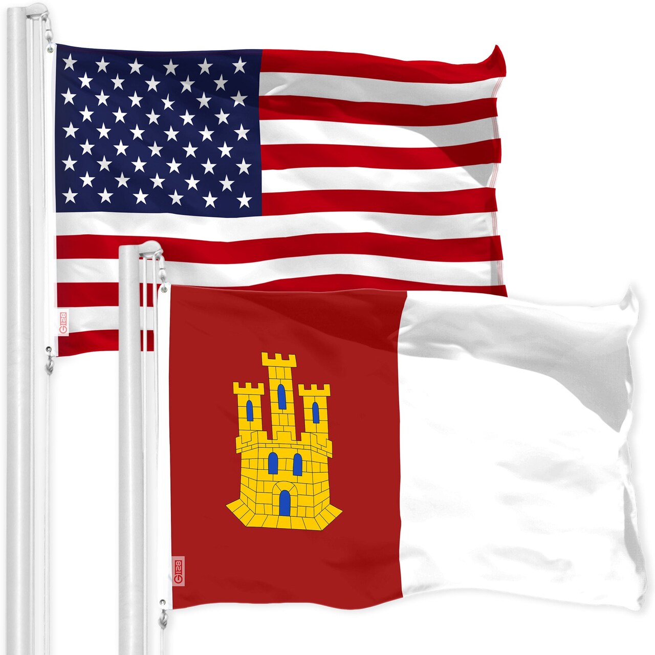 G128 Combo Pack: American USA Flag 3x5 Ft & Spain Castile La Mancha Flag 3x5 Ft | Both LiteWeave Pro Series Printed 150D Polyester, Brass Grommets